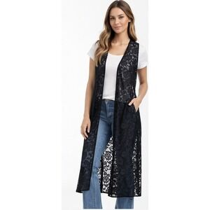 LuLaRoe Joy Black Lace Long Vest Duster Goth Cardigan Size XS